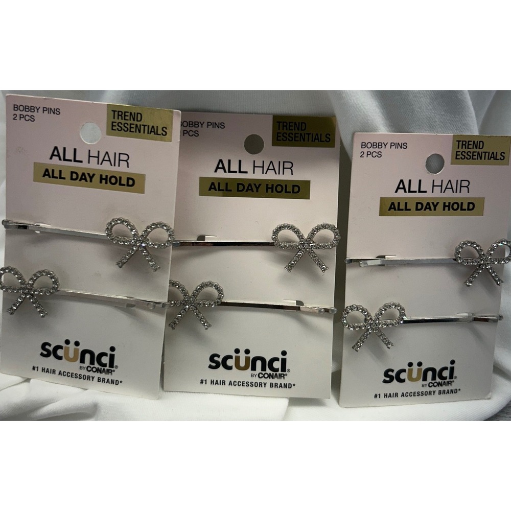 Scunci Silver Rhinestone Bow Bobby Pins 3 Packs 6 Total All Day Hold Hair Clips